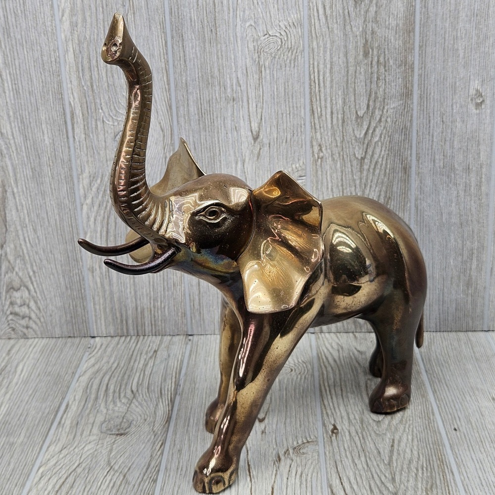 Vintage Large Brass Elephant Figurine Trunk Up Good Luck Statue 14 Inch Korea